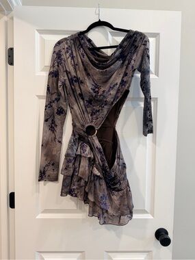 Mauve Floral Draped Cutout Mini Dress